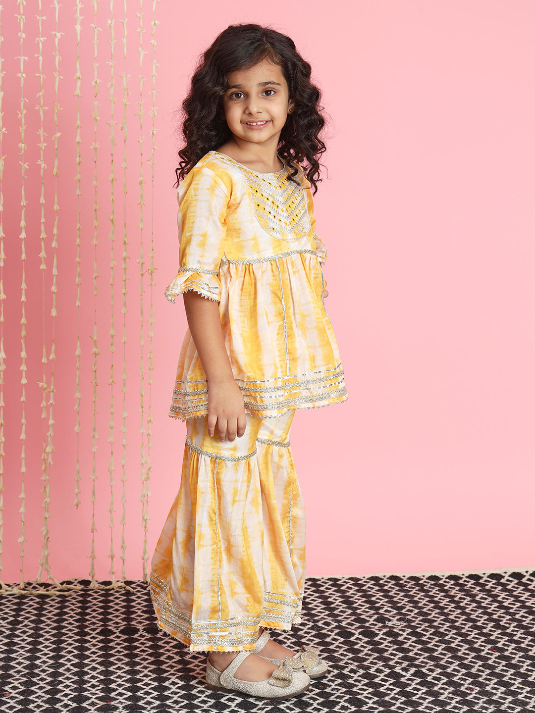 Frock Style Silk Fabric Yellow Color Kurti And Sharara
