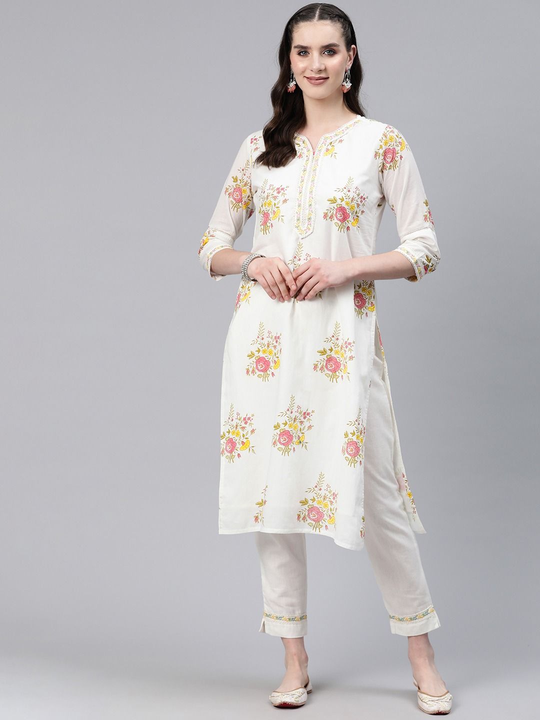 Straight Style Cotton Fabric White & Pink Color Kurti And Bottom