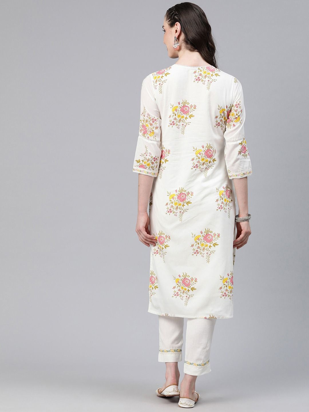 Straight Style Cotton Fabric White & Pink Color Kurti And Bottom