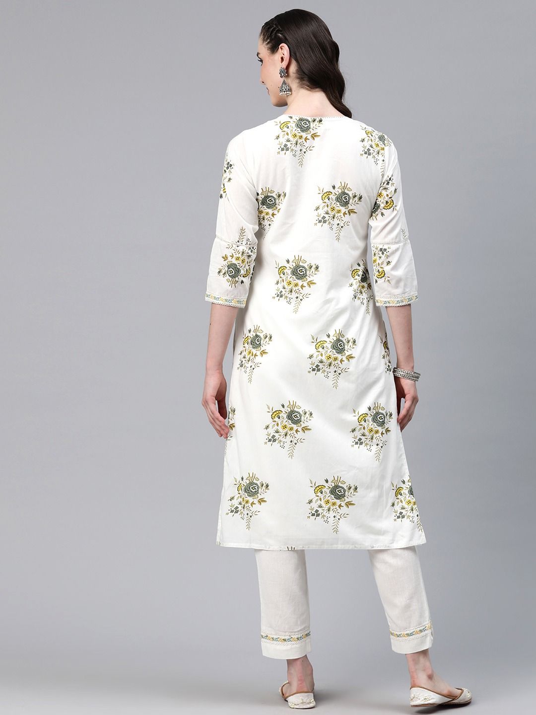Straight Style Cotton Fabric White & Green Color Kurti And Bottom