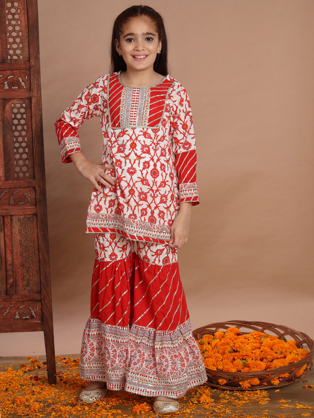 Straight Style Cotton Fabric Red And White Color Kurti And Sharara