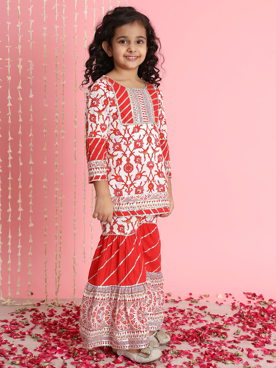 Straight Style Cotton Fabric Red And White Color Kurti And Sharara