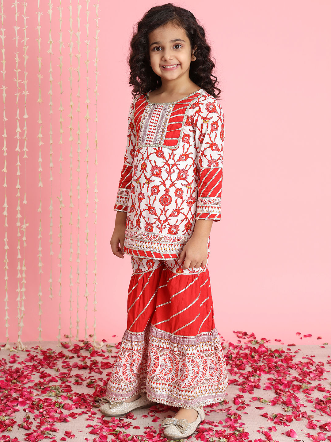 Straight Style Cotton Fabric Red And White Color Kurti And Sharara