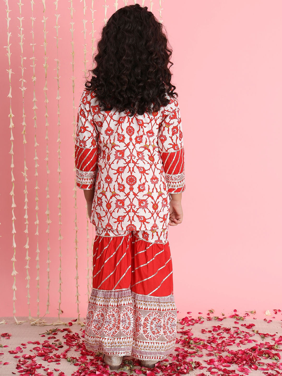 Straight Style Cotton Fabric Red And White Color Kurti And Sharara