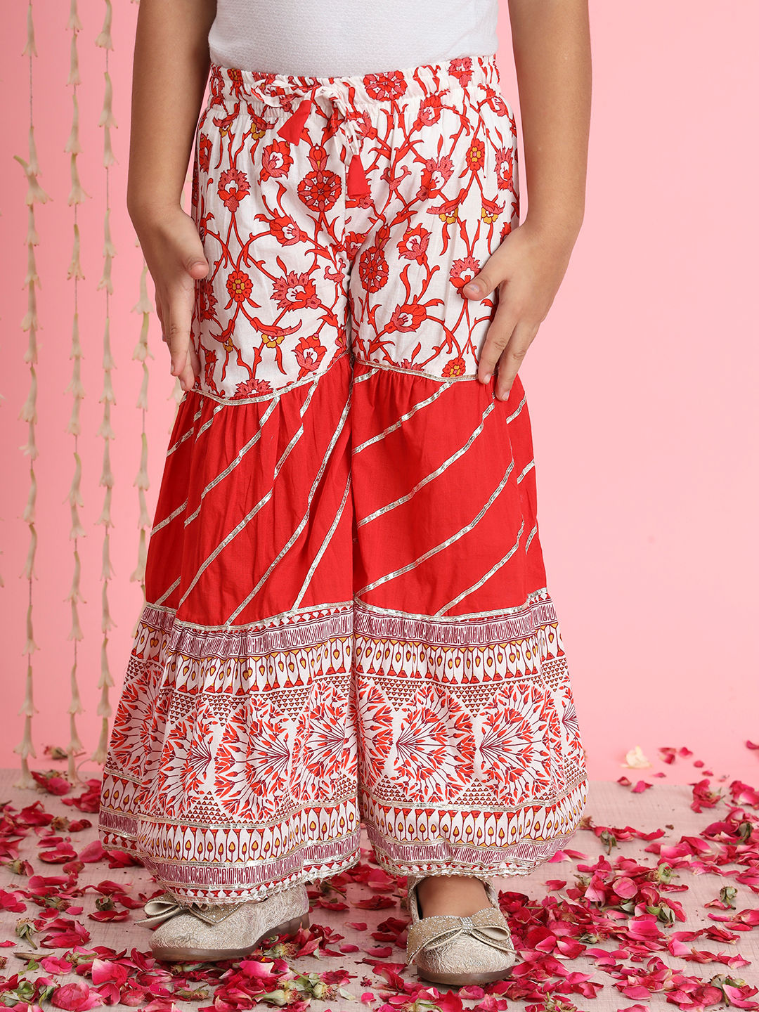 Straight Style Cotton Fabric Red And White Color Kurti And Sharara