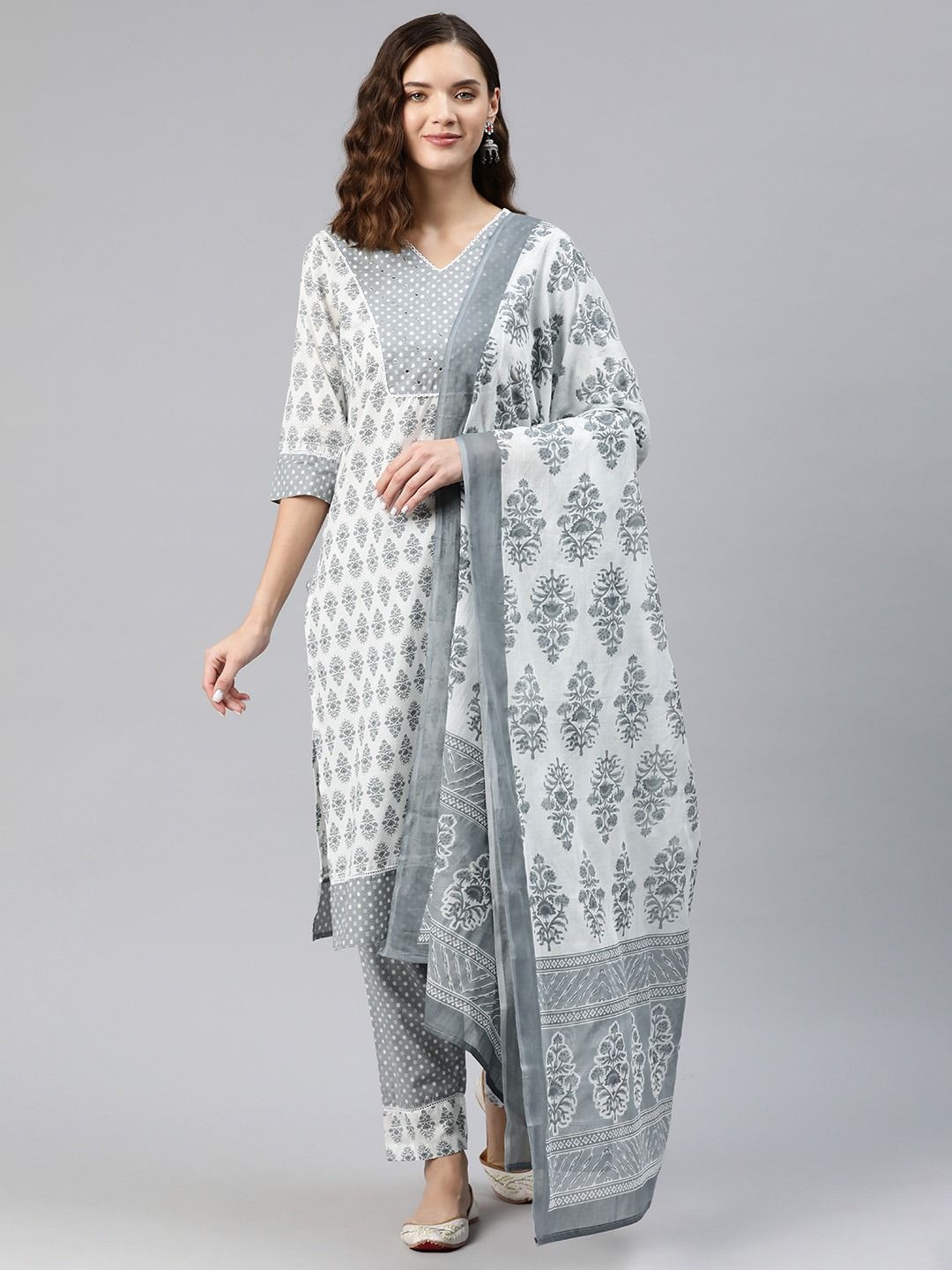 Straight Style Cotton Fabric Grey Color Kurti And Bottom & Dupatta