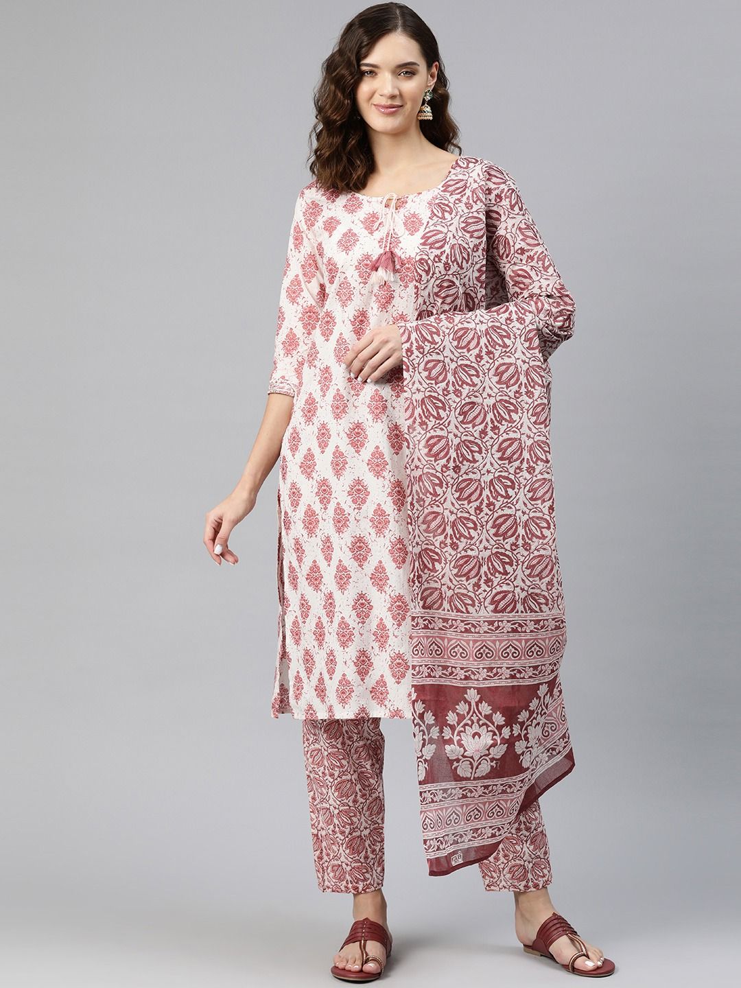 Straight Style Cotton Fabric Rust Color Kurti And Bottom & Dupatta