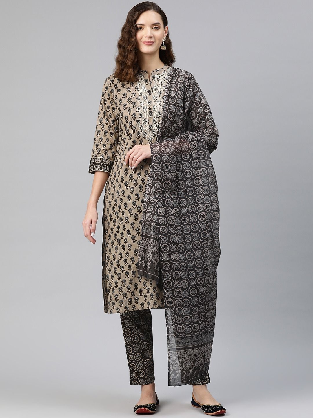 Straight Style Cotton Fabric Black Color Kurti Bottom & Dupatta