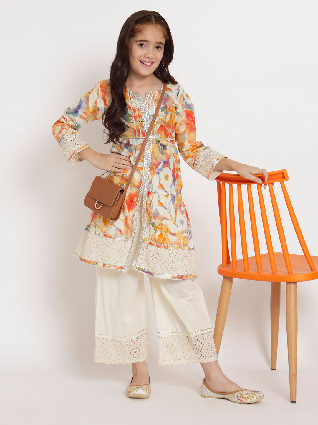 Frock Style Cotton Fabric Peach And Cream Color Kurti And Palazzo