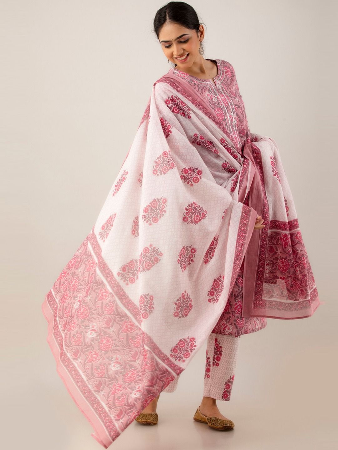 Straight Style Cotton Fabric Pink Color Kurti And Bottom With Dupatta