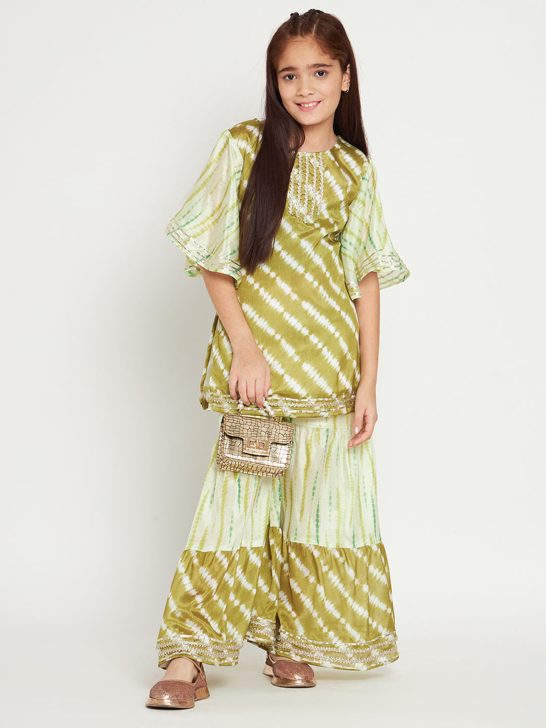 Straight Style Silk Fabric Green Color Kurti And Sharara