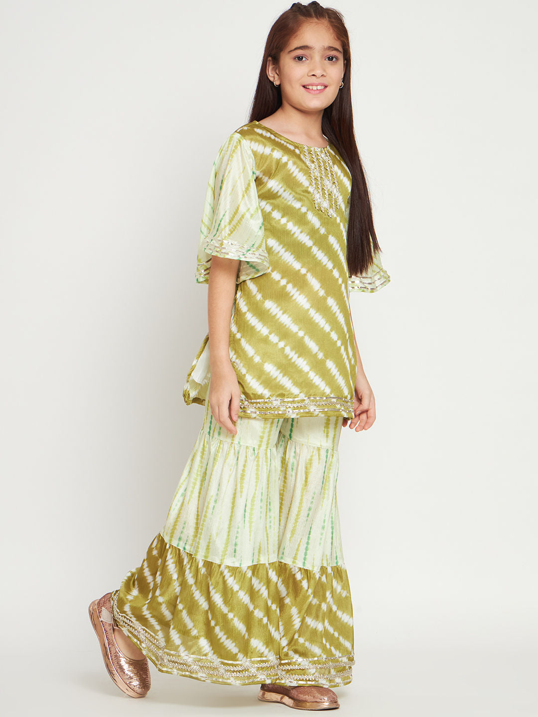 Straight Style Silk Fabric Green Color Kurti And Sharara