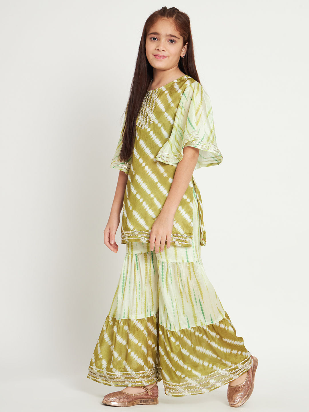 Straight Style Silk Fabric Green Color Kurti And Sharara