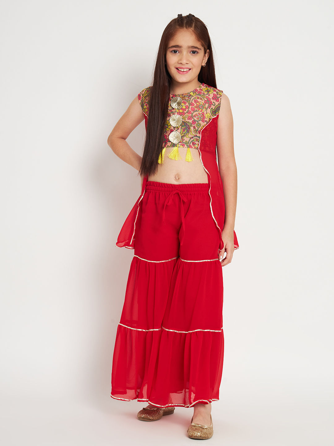 Straight Style Georgette Fabric Red Color Top And Sharara