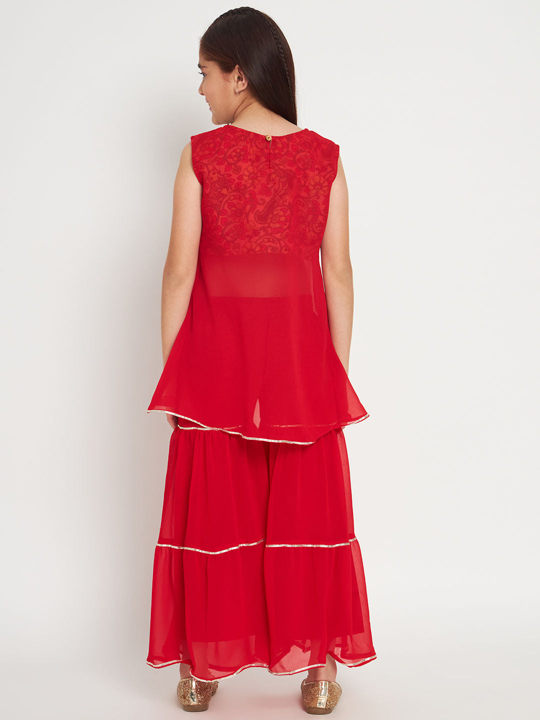Straight Style Georgette Fabric Red Color Top And Sharara