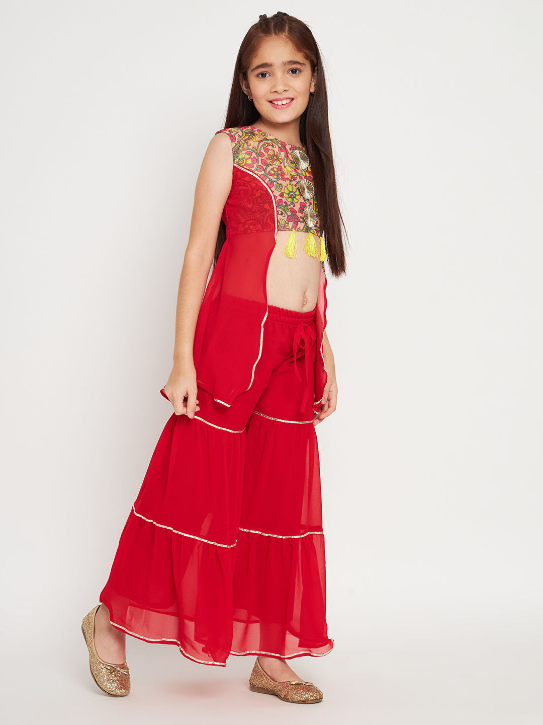 Straight Style Georgette Fabric Red Color Top And Sharara