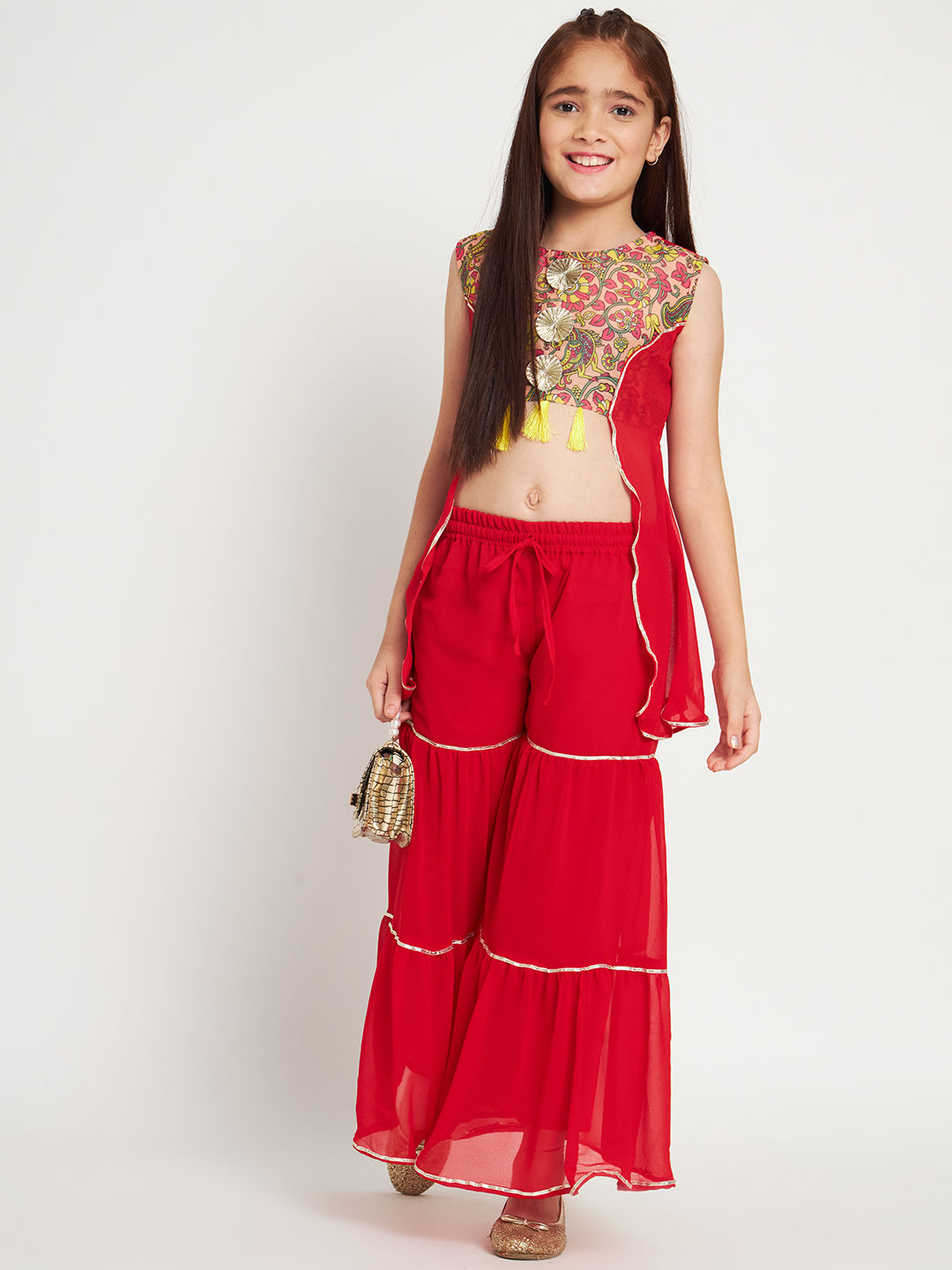 Straight Style Georgette Fabric Red Color Top And Sharara
