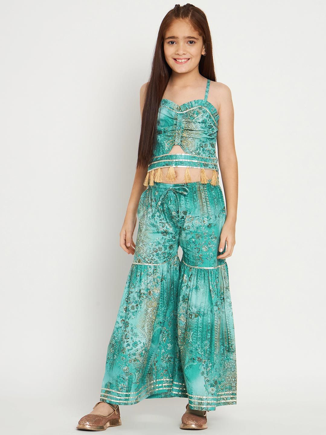 Crop Top Style Cotton Fabric Turquoise Blue Color Top With Sharara