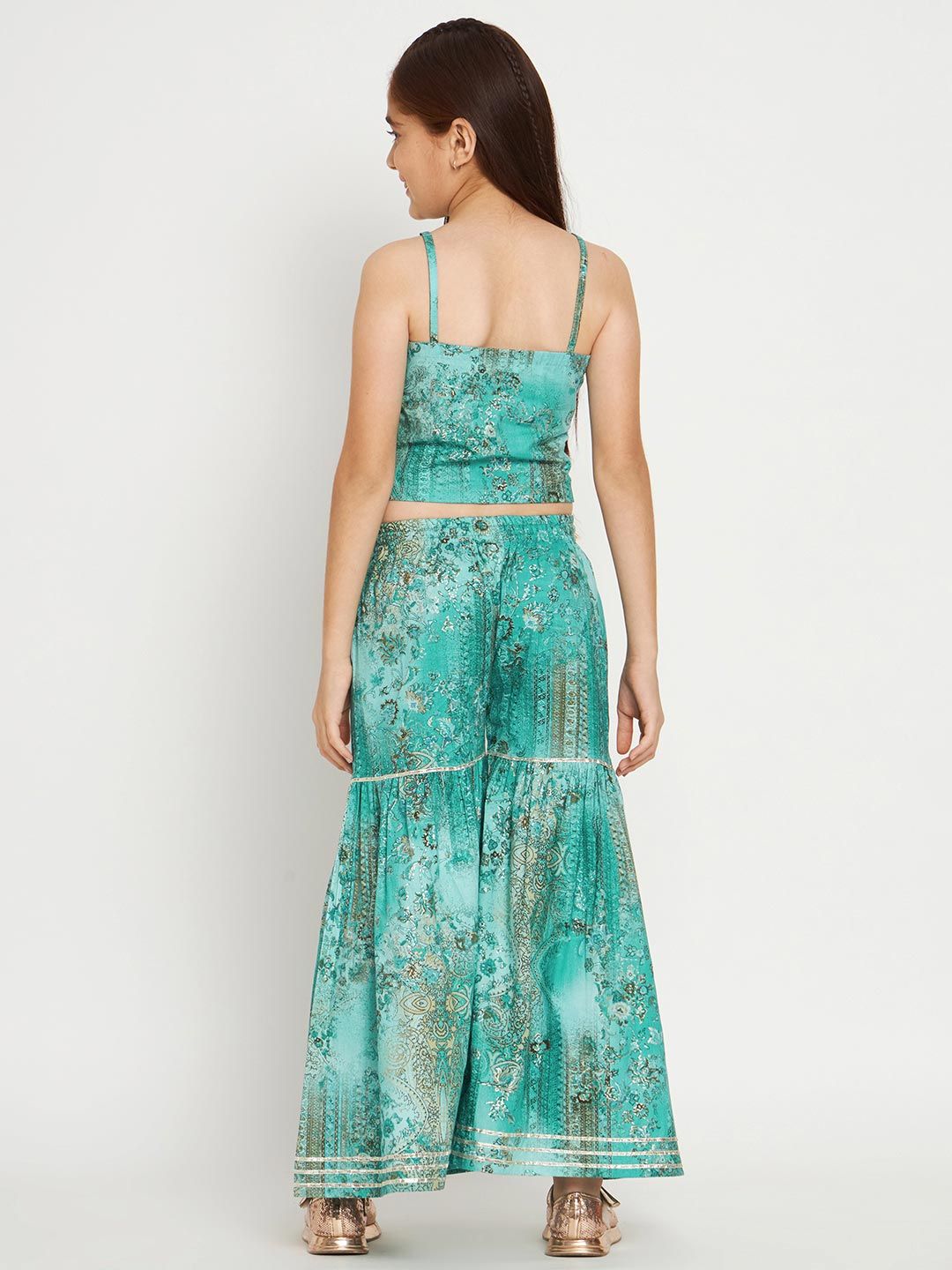 Crop Top Style Cotton Fabric Turquoise Blue Color Top With Sharara