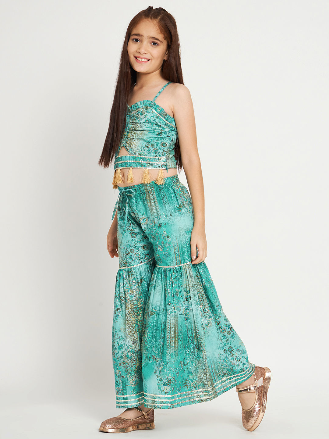 Crop Top Style Cotton Fabric Turquoise Blue Color Top With Sharara