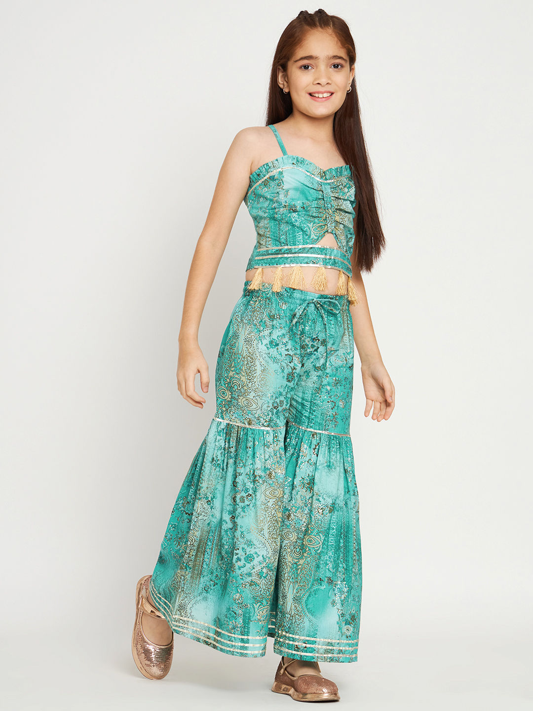 Crop Top Style Cotton Fabric Turquoise Blue Color Top With Sharara