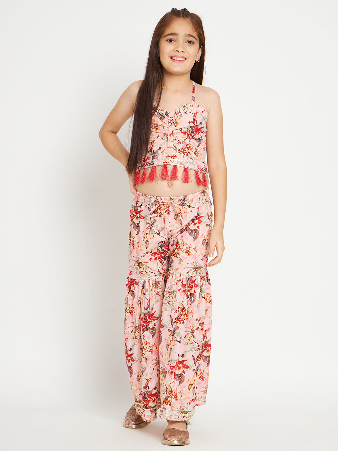 Crop Top Style Cotton Fabric Pink Color Top With Sharara