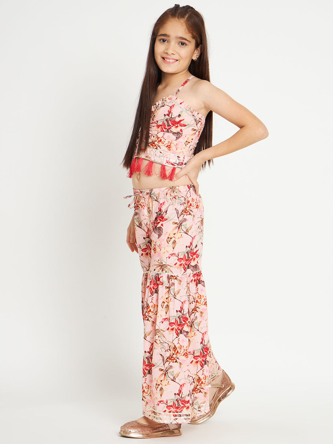 Crop Top Style Cotton Fabric Pink Color Top With Sharara