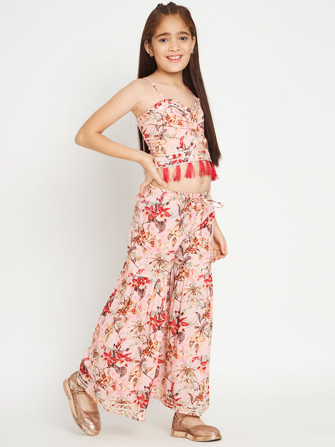 Crop Top Style Cotton Fabric Pink Color Top With Sharara