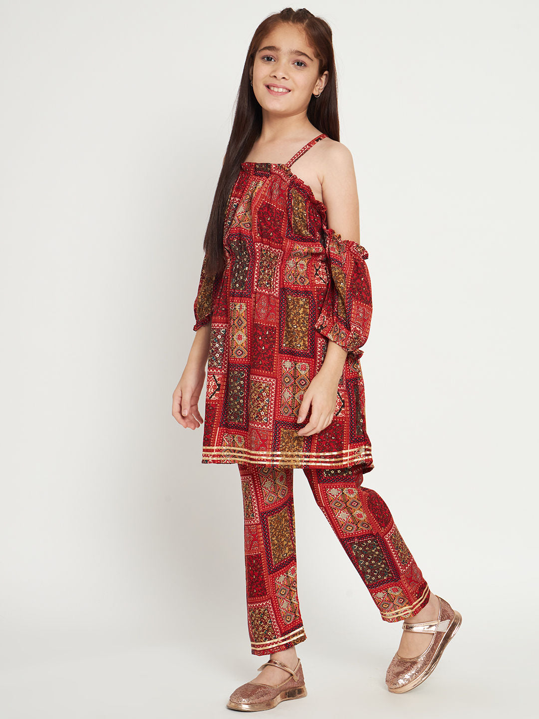 Frock Style Rayon Fabric Maroon Color Kurti With Pyjama