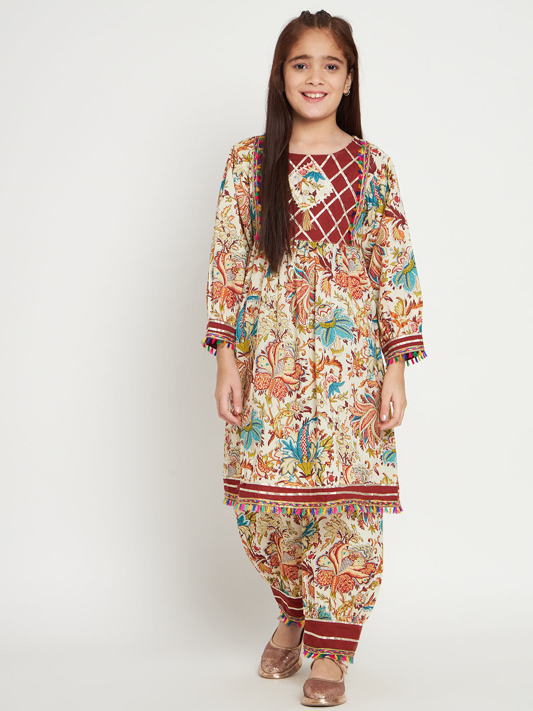 Frock Style Cotton Fabric Beige Color Kurti With Heram Pants