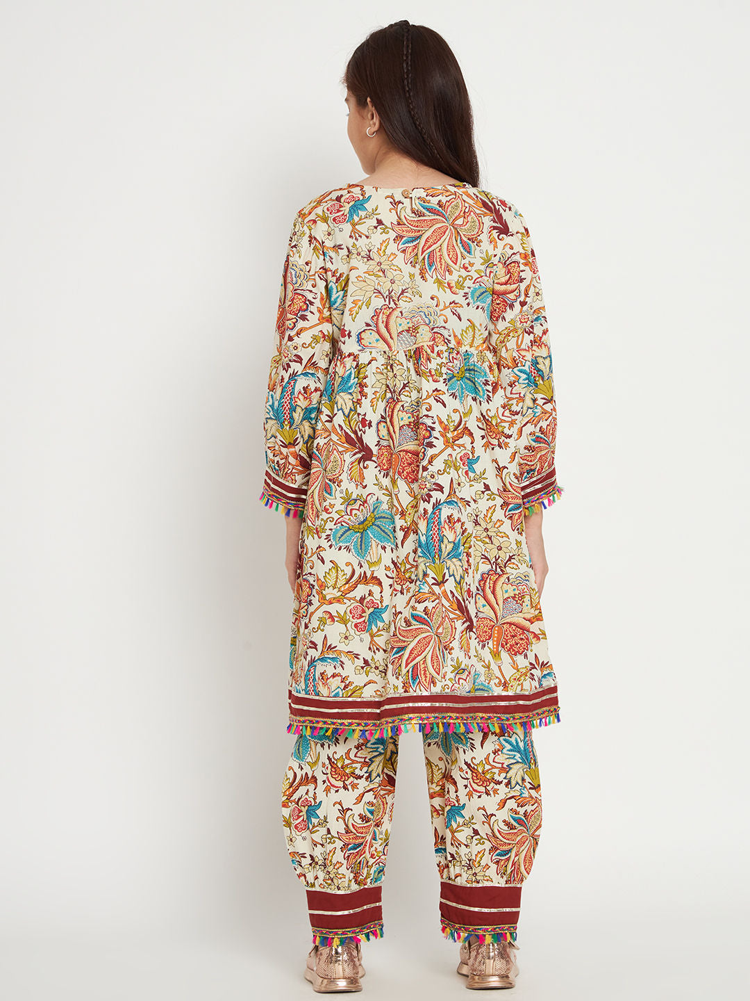 Frock Style Cotton Fabric Beige Color Kurti With Heram Pants