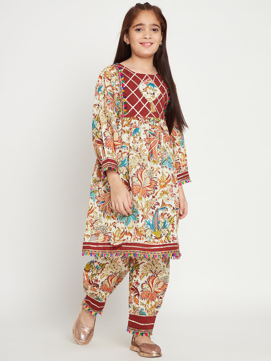 Frock Style Cotton Fabric Beige Color Kurti With Heram Pants