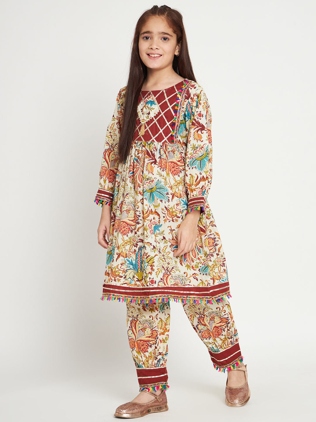 Frock Style Cotton Fabric Beige Color Kurti With Heram Pants
