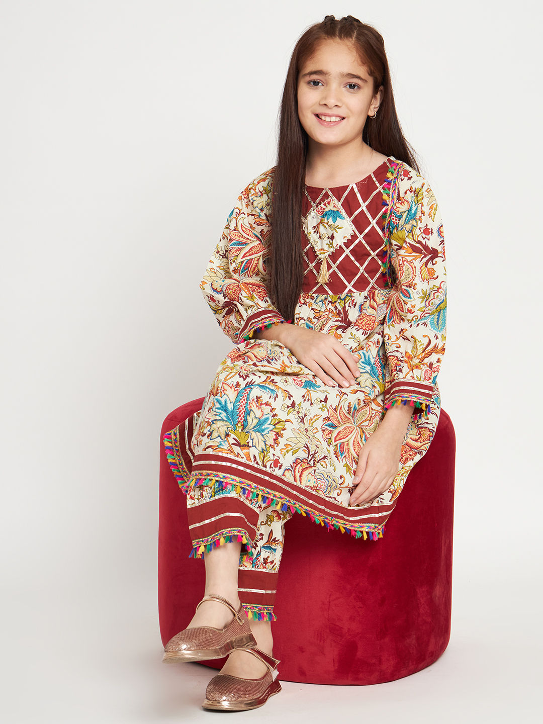 Frock Style Cotton Fabric Beige Color Kurti With Heram Pants