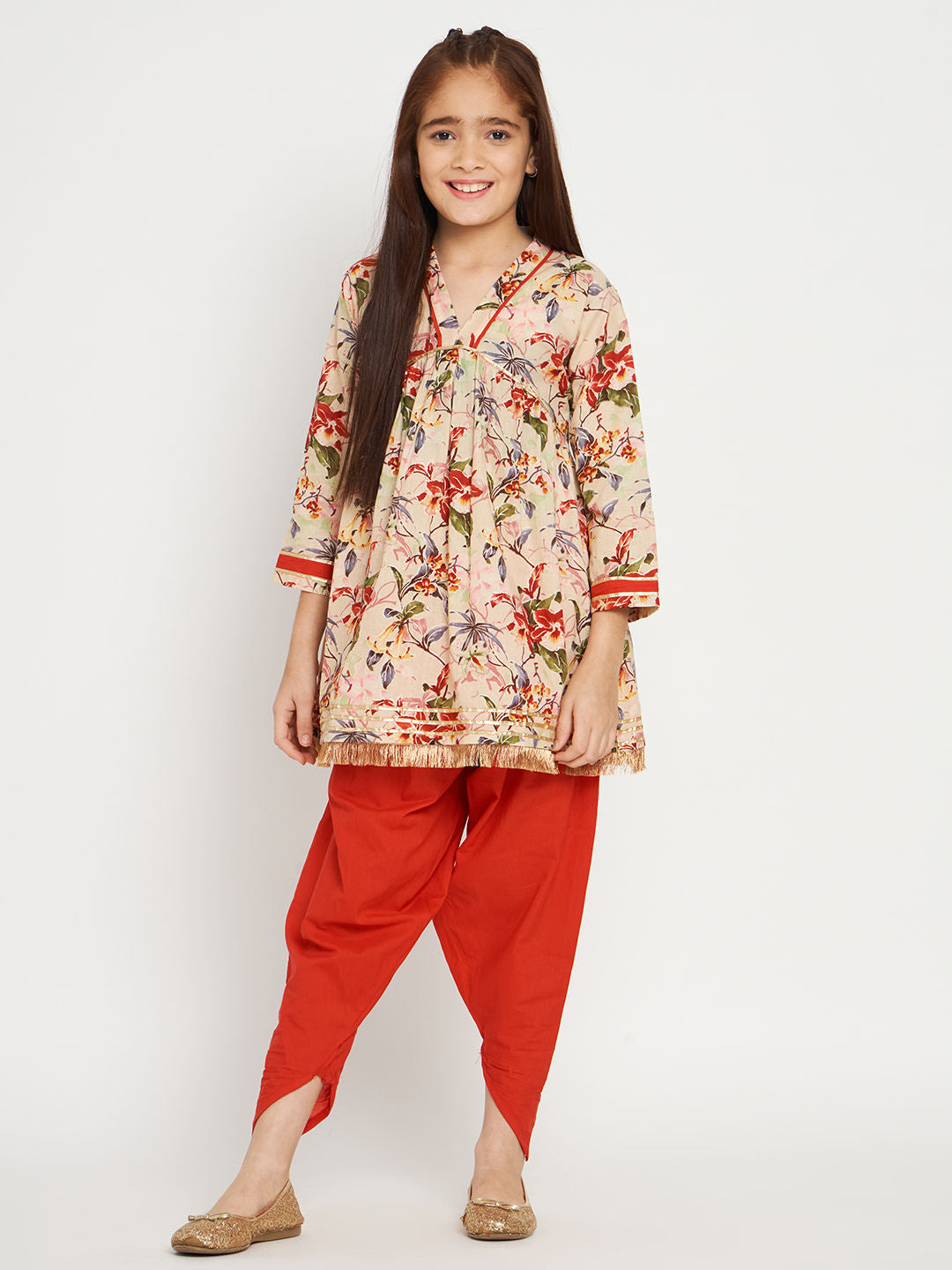 Frock Style Cotton Fabric Beige And Red Color Kurti With Heram Pants