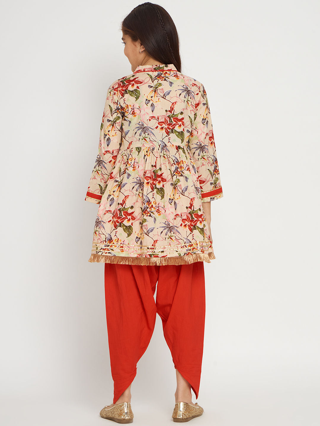 Frock Style Cotton Fabric Beige And Red Color Kurti With Heram Pants