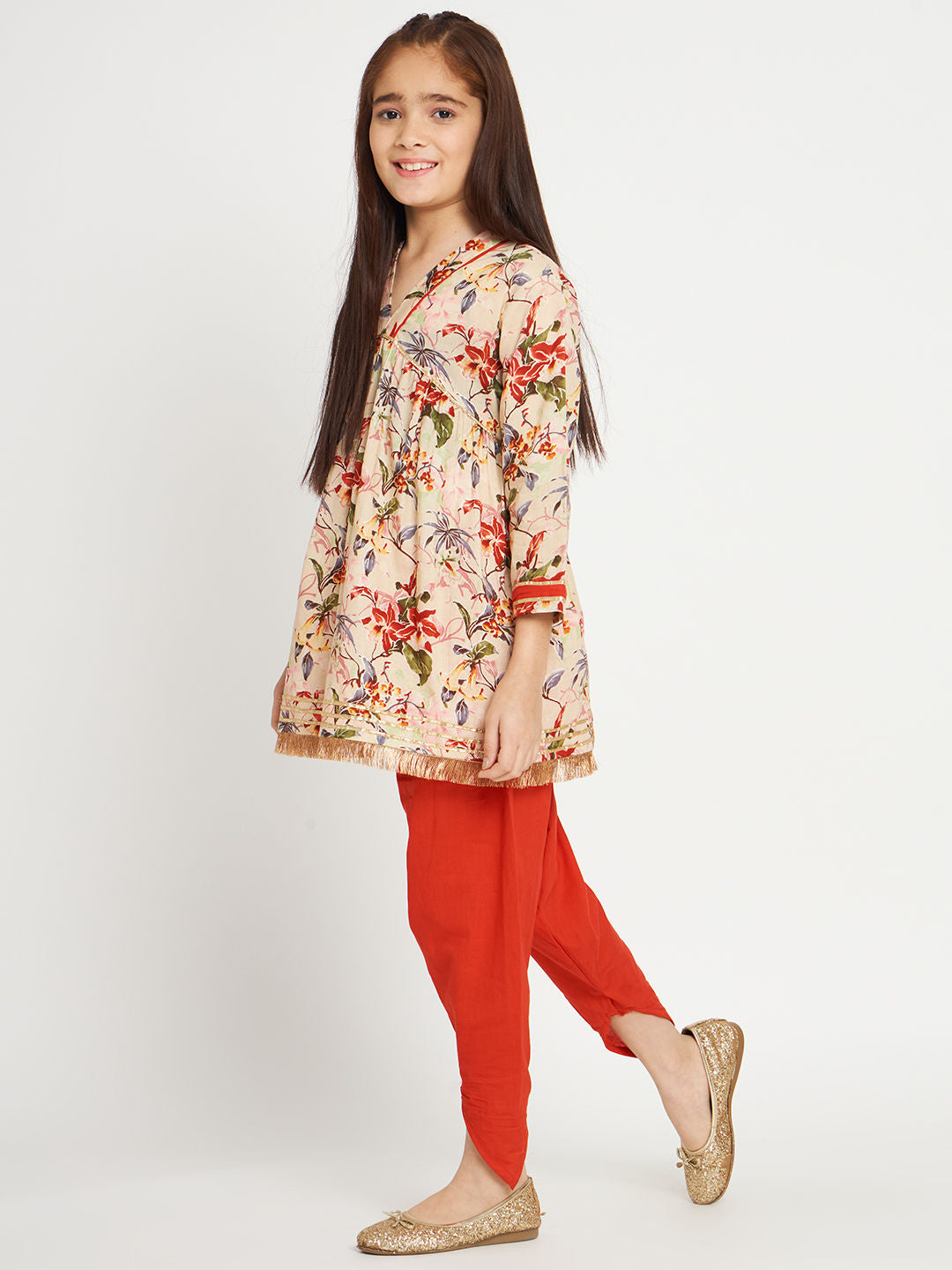 Frock Style Cotton Fabric Beige And Red Color Kurti With Heram Pants