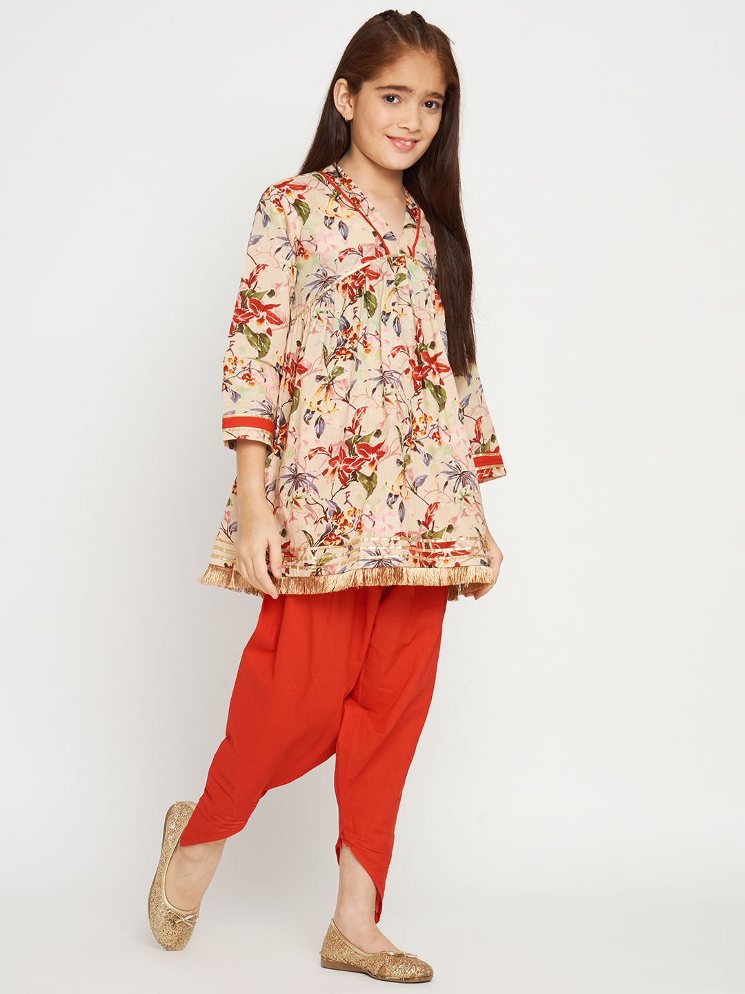 Frock Style Cotton Fabric Beige And Red Color Kurti With Heram Pants