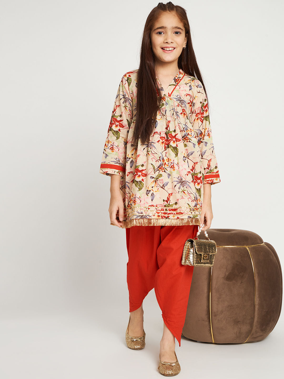 Frock Style Cotton Fabric Beige And Red Color Kurti With Heram Pants