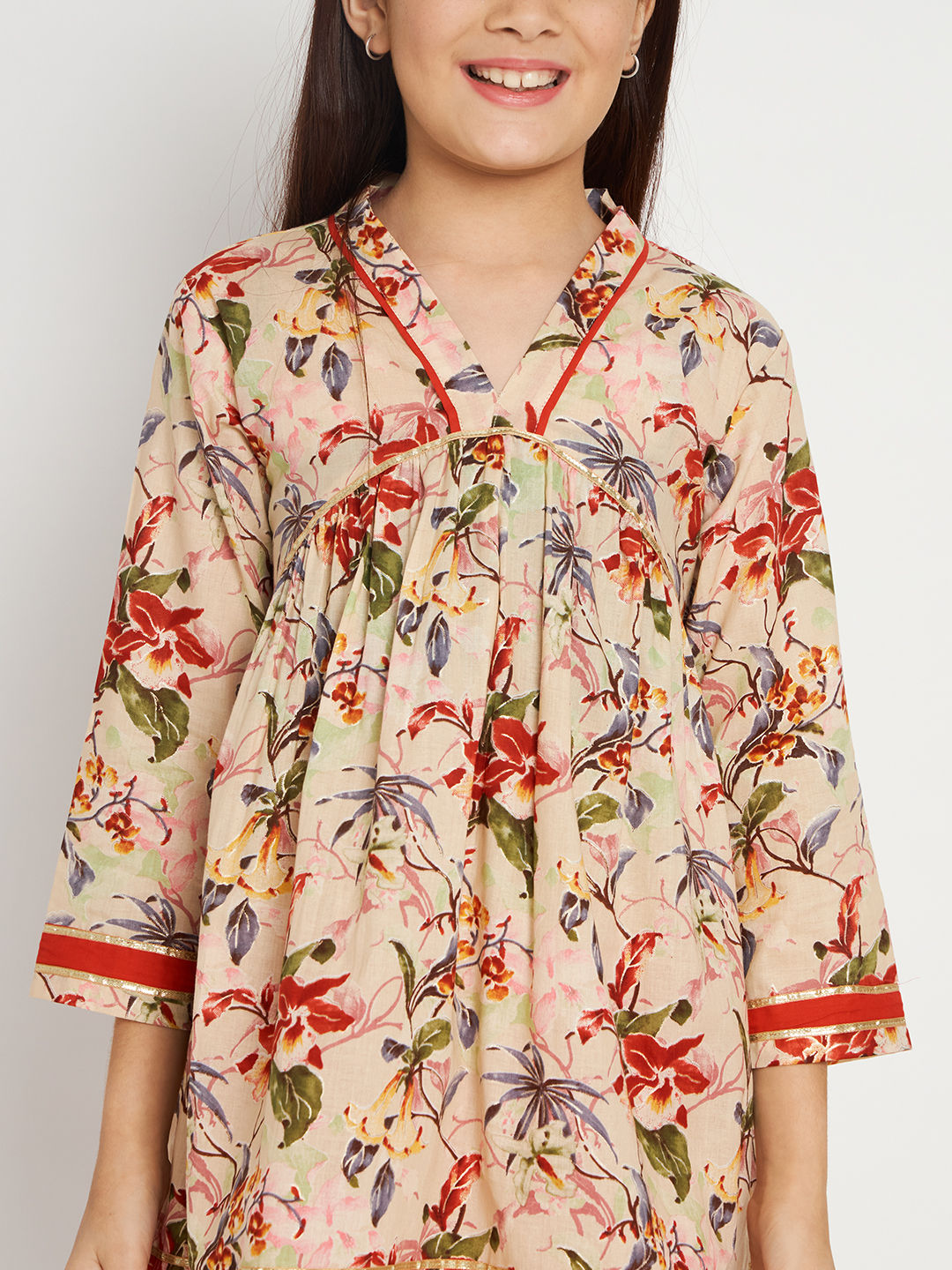 Frock Style Cotton Fabric Beige And Red Color Kurti With Heram Pants
