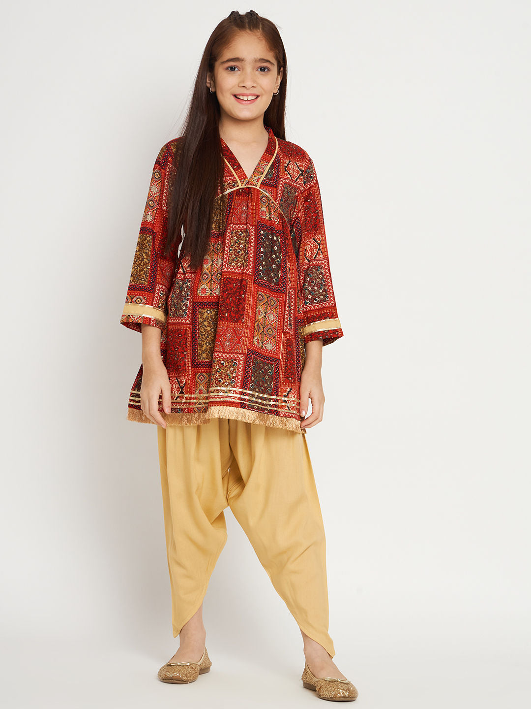 Frock Style Rayon Fabric Red Color Kurti And Heram Pants