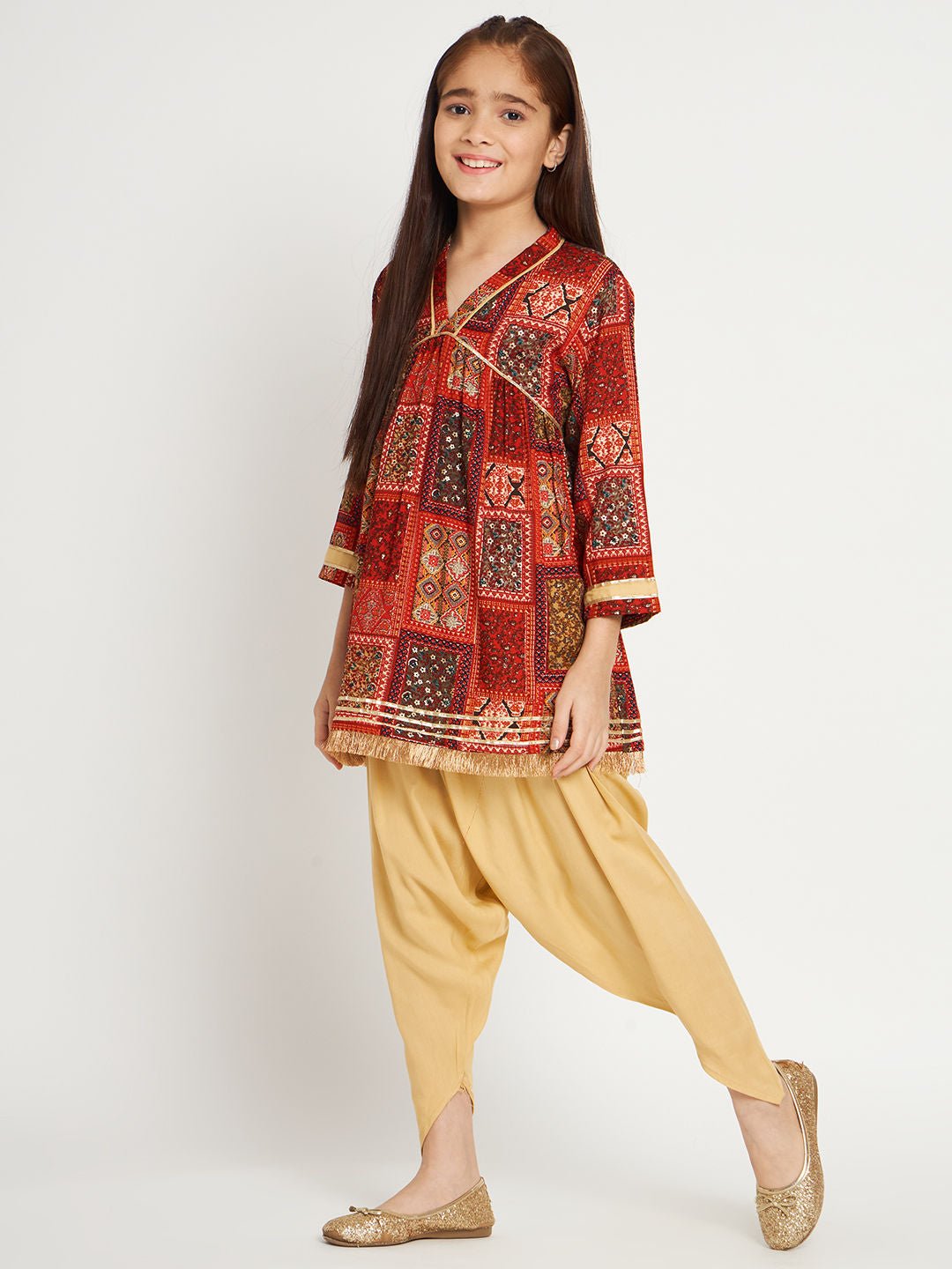 Frock Style Rayon Fabric Red Color Kurti And Heram Pants