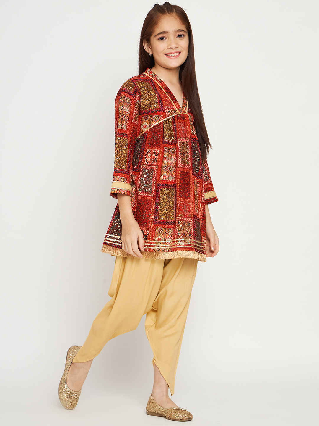 Frock Style Rayon Fabric Red Color Kurti And Heram Pants