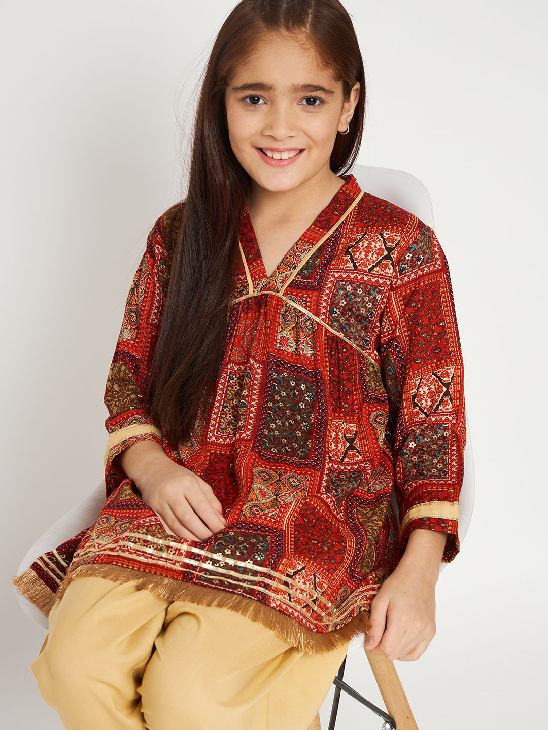 Frock Style Rayon Fabric Red Color Kurti And Heram Pants