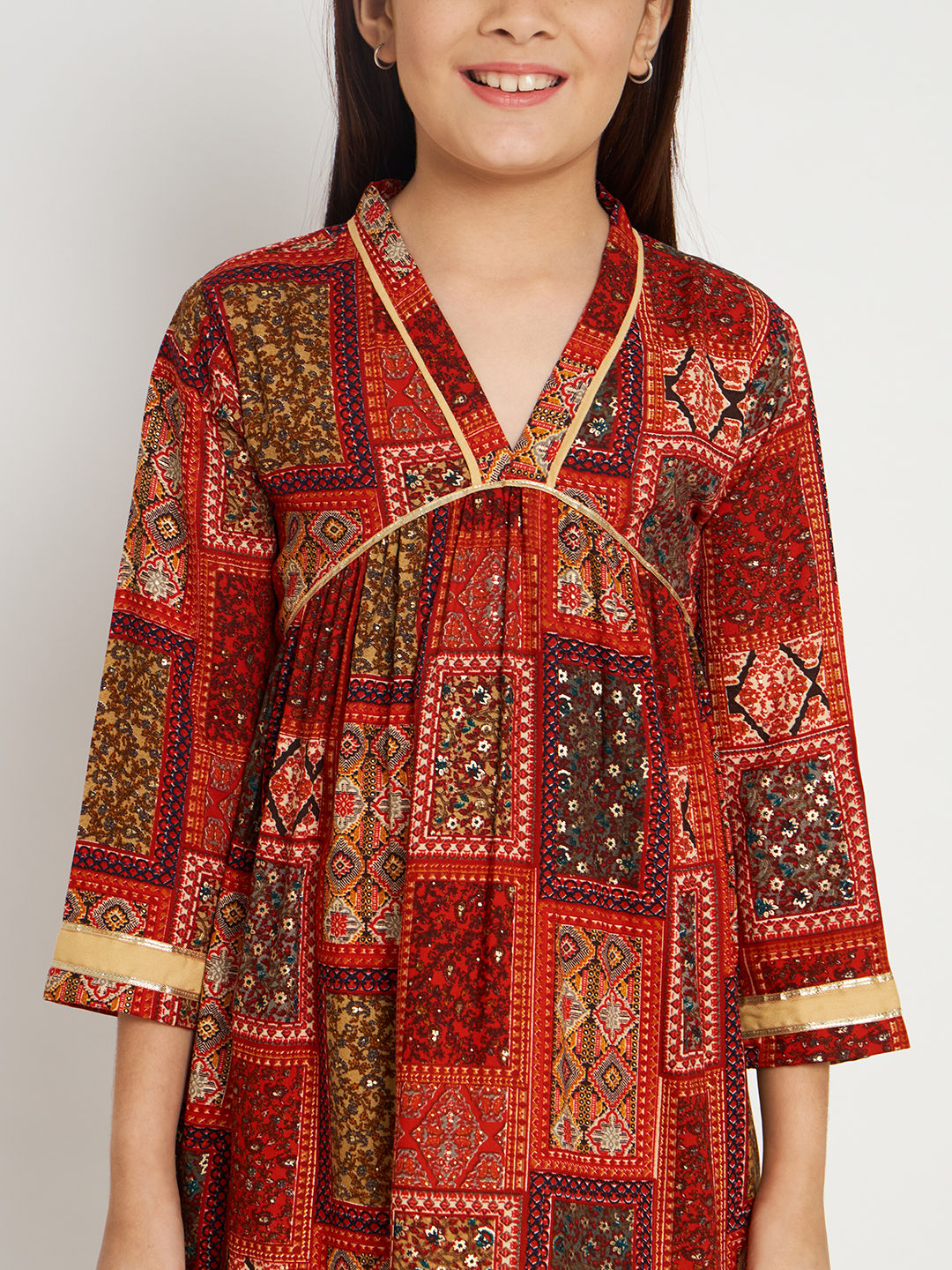 Frock Style Rayon Fabric Red Color Kurti And Heram Pants