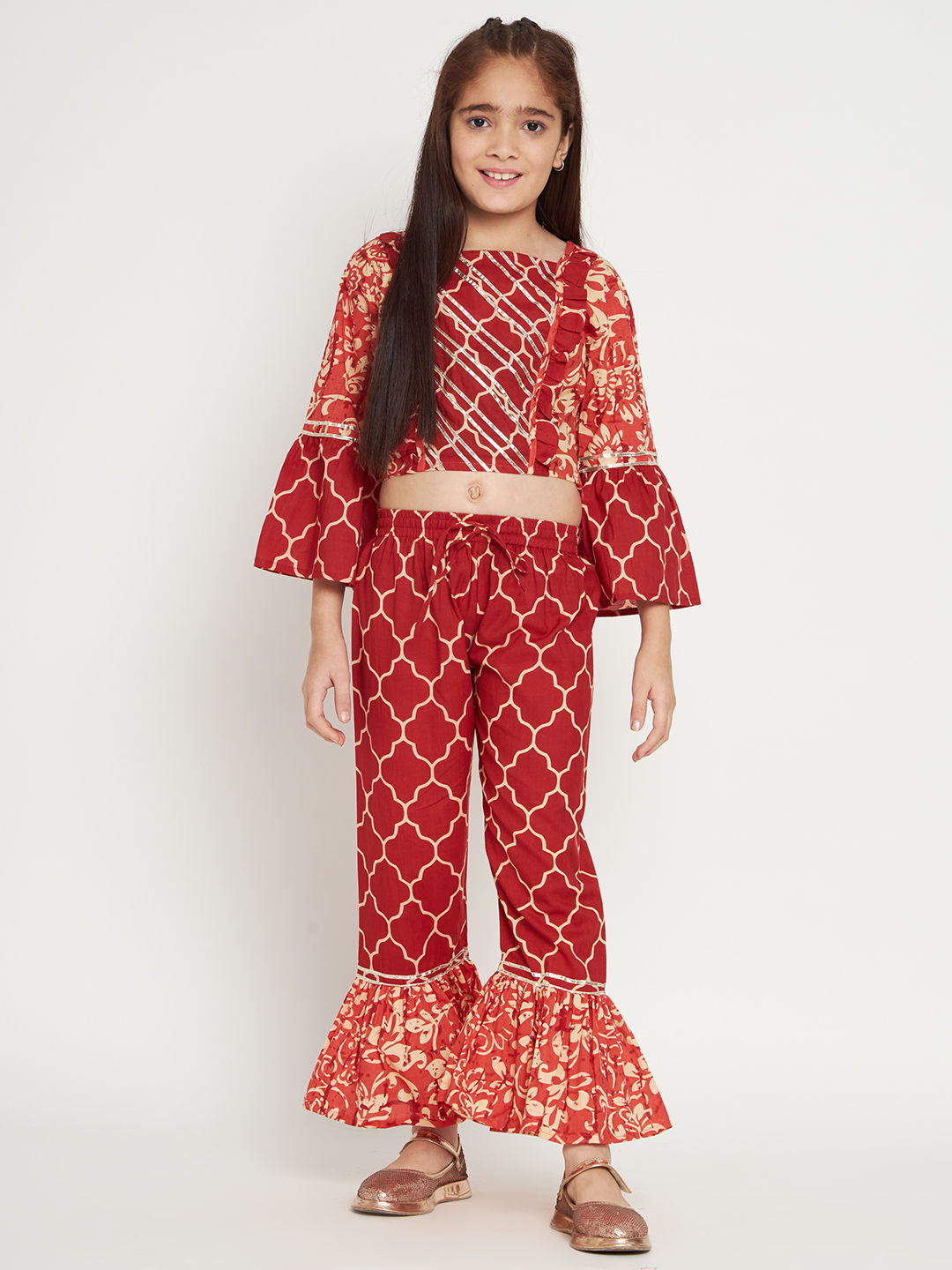 Straight Style Cotton Fabric Red Color Top And Pyjama