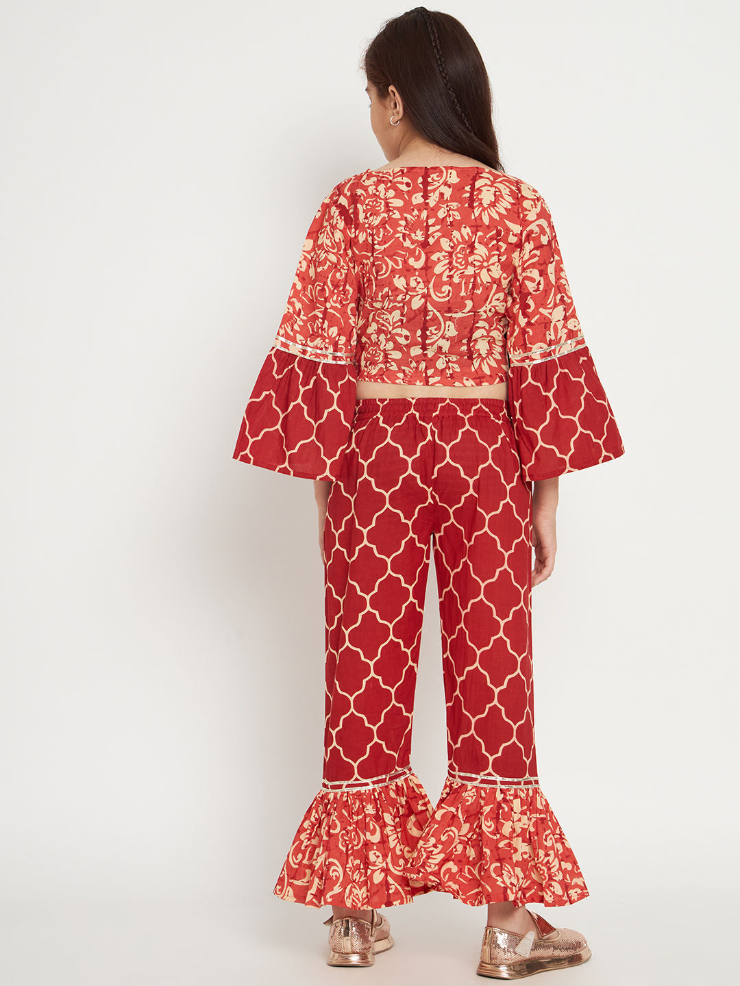 Straight Style Cotton Fabric Red Color Top And Pyjama
