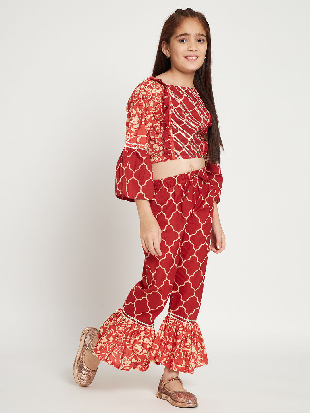 Straight Style Cotton Fabric Red Color Top And Pyjama