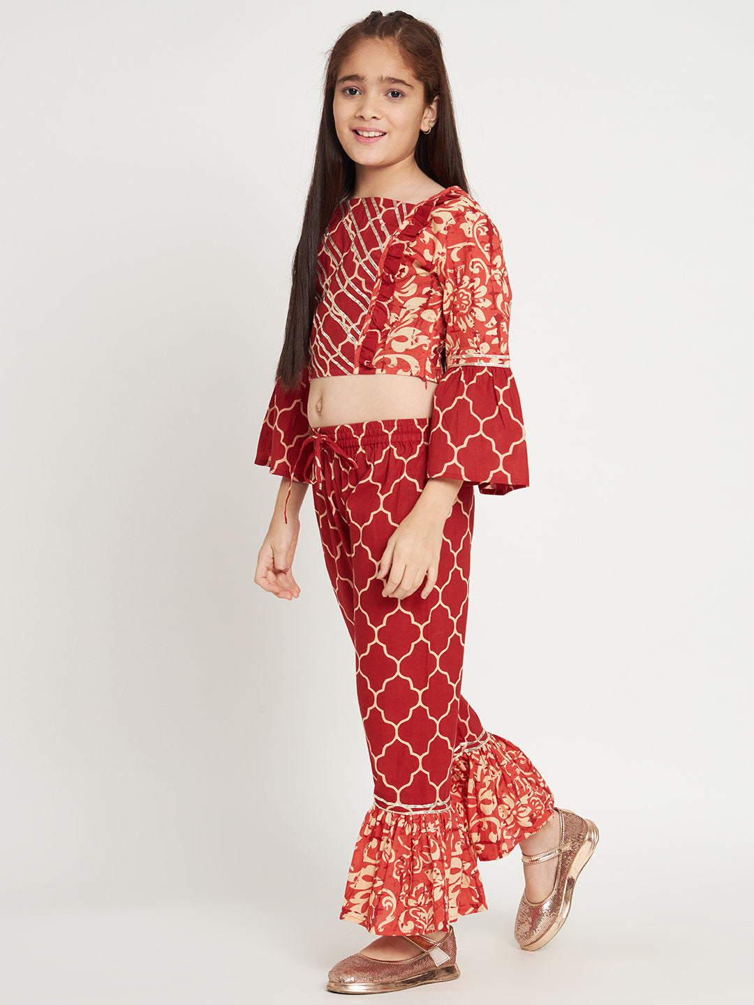 Straight Style Cotton Fabric Red Color Top And Pyjama