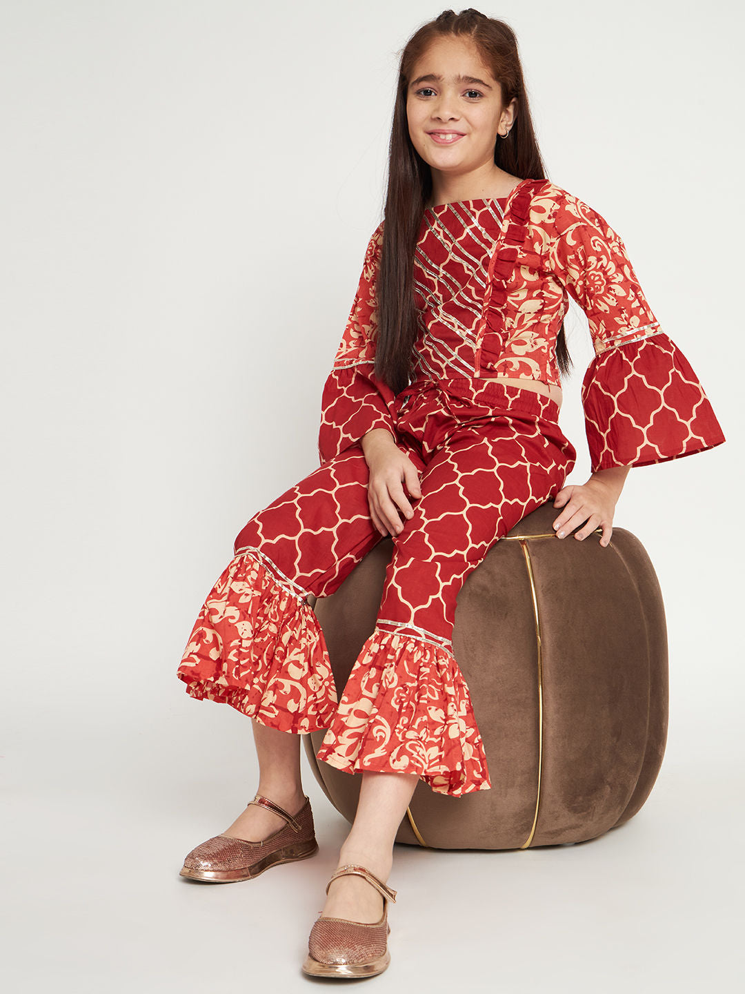 Straight Style Cotton Fabric Red Color Top And Pyjama